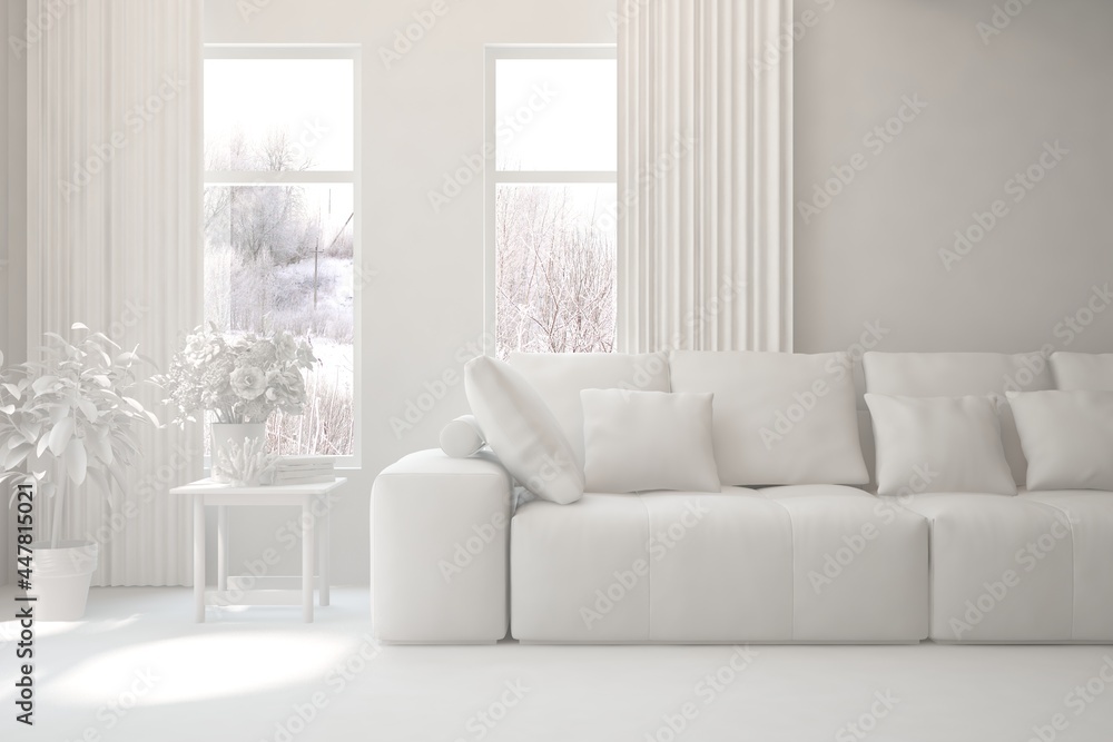 Mock up of stylish room in white color with sofa and winter landscape in window. Scandinavian interior design. 3D illustration Mock up of stylish room in white color with sofa and winter landscape in window. Scandinavian interior design. 3D illustration
