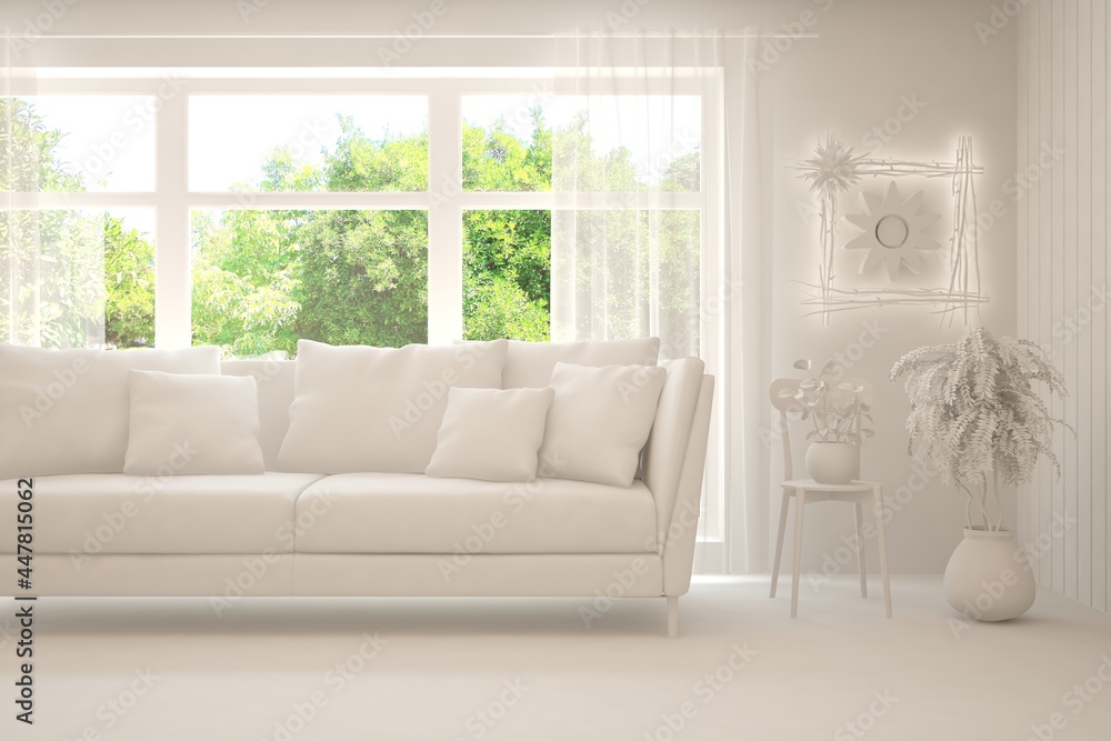 White minimalist living room with sofa. Scandinavian interior design. 3D illustration White minimalist living room with sofa. Scandinavian interior design. 3D illustration