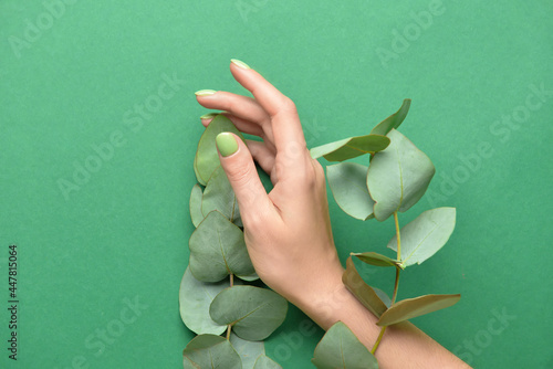 Female hand with beautiful manicure and eucalyptus branches on color background