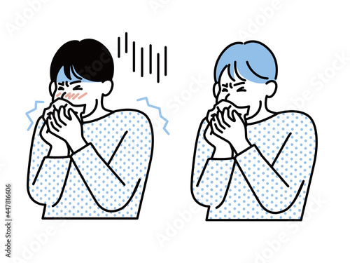 風邪を引いた男性のイラスト(花粉症、くしゃみ、咳、鼻水、悪寒、熱、病気、倦怠感、疲れ、体調不良、健康、アレルギー) cold - fever, cough, sore throat, snot, chills, dizziness. Collection of sick or ill men and men. Flat vector illustration.