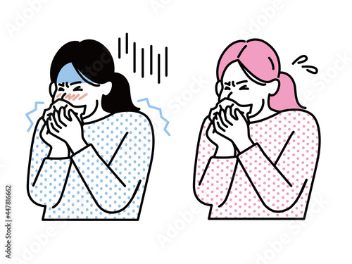 風邪を引いた女性のイラスト(花粉症、くしゃみ、咳、鼻水、悪寒、熱、病気、倦怠感、疲れ、体調不良、健康、アレルギー) cold - fever, cough, sore throat, snot, chills, dizziness. Collection of sick or ill men and women. Flat vector illustration.