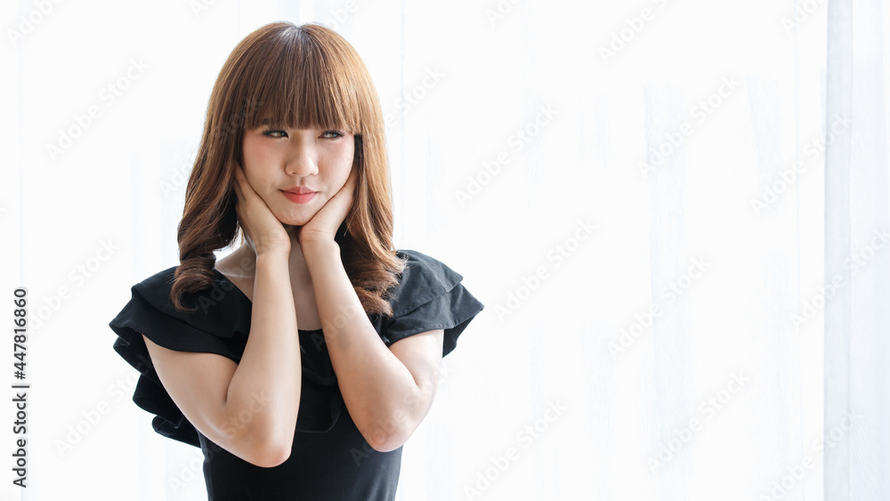 Portrait of young and cute brunette Asian teen girl pose with gorgeous and positive self-confident Portrait of young and cute brunette Asian teen girl pose with gorgeous and positive self-confident