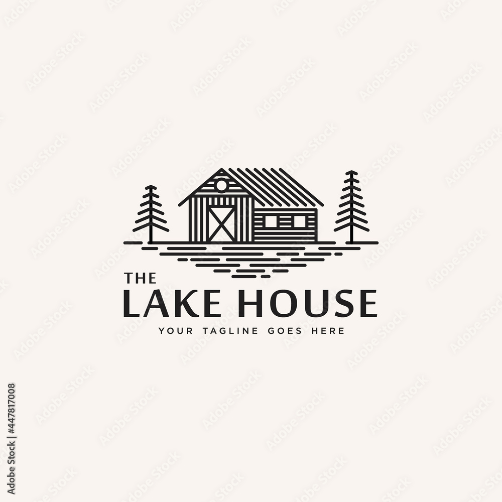Home and pine tree in the lake side, line art style, designs template, vector illustrations.