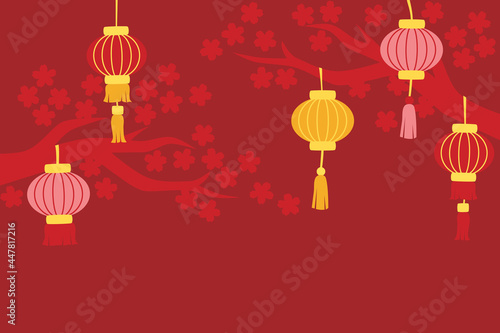 Chinese new year background with lanterns and cherry blossom tree
