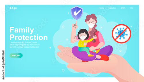 family wearing protective Medical mask for prevent virus Covid-19. Dad Mom Daughter wearing a surgical mask. Stay home concept. Family staying at home in quarantine. outbreak concept. Vector