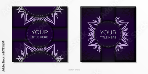 Luxury purple square postcard template with vintage indian mandala ornament. Elegant and classic vector elements ready for print and typography.