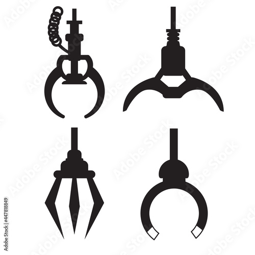 Robotic Claw set on a white background. Grip robotic claw in factory. Black icon wed concept Vector illustration of the claw game device.