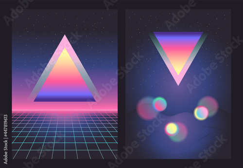 Futuristic set. Retrowave, synthwave, rave, vapor wave, cyberpunk party background. Vector light grid landscape. Retro, vintage 1980s, 1990s style. Black, purple, pink, blue neon colors. Print, poster