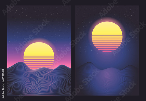 Futuristic sunset landscape. Retrowave, synthwave, rave, vapor wave, cyberpunk background. Vector light grid. Retro, vintage 1980s, 1990s style. Black, purple, pink, blue neon colors. Print, poster