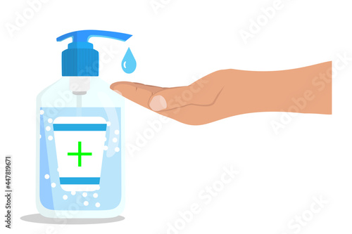 hand using a bottle of hand sanitizers. alcohol rub on both hand. One disinfection tools from corona virus or COVID 19