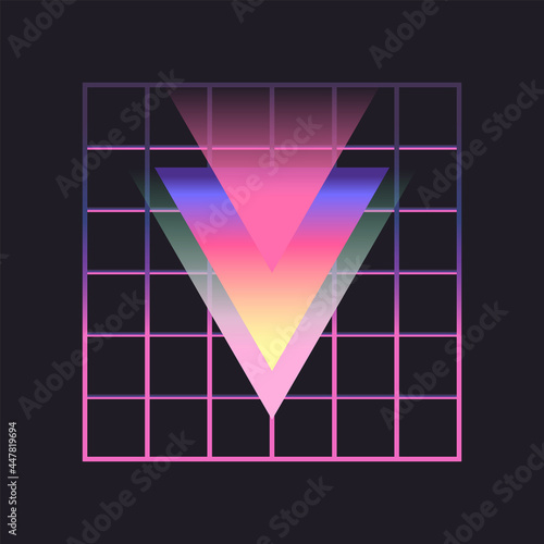 Glowing triangle. Retrowave, synthwave, rave, vapor wave, cyberpunk party background. Light grid landscape. Retro, vintage 1980s, 1990s. Black, purple, pink, blue neon colors. Banner, print, wallpaper