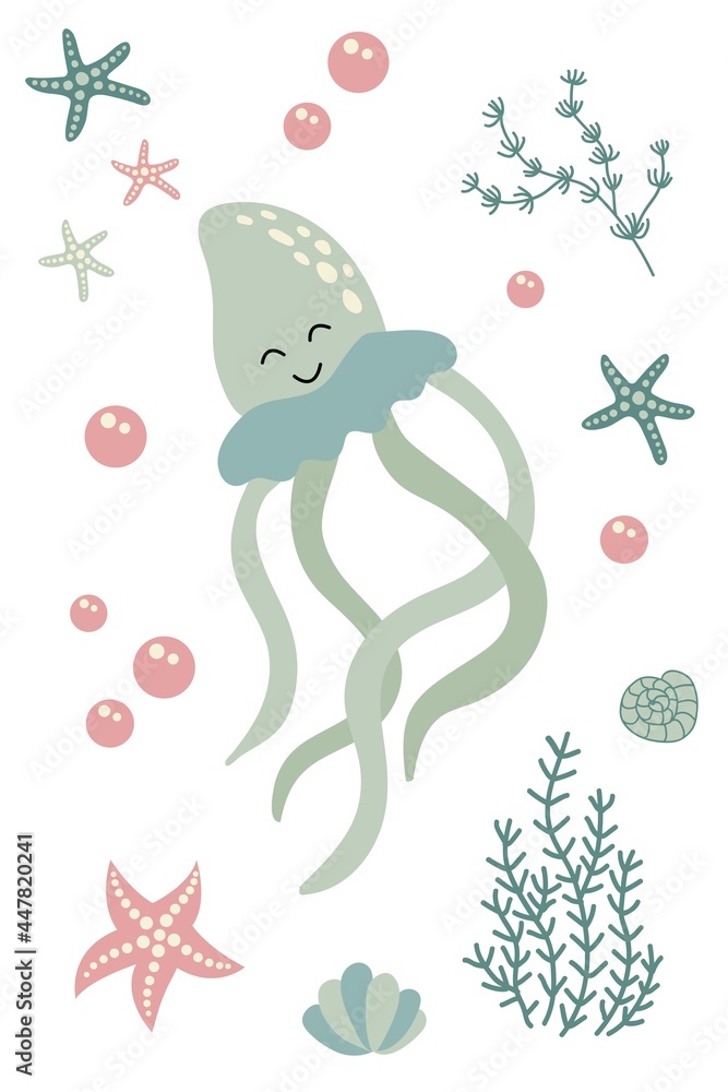 Naklejka premium Postcard with cute hand drawn jellyfish. White background, isolate. Vector illustration.