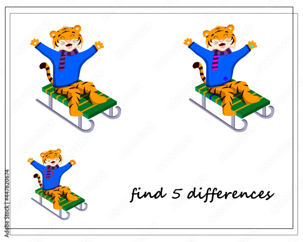 a game for children find the differences, winter, a tiger on a sled, a symbol of the year. vector