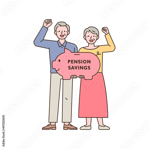 Two old men are cheering with piggy banks. outline simple vector illustration.