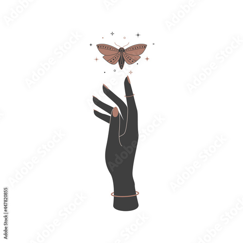 Mystical heavenly night butterfly over woman hand. Spiritual elegant moth for logo name branding. Esoteric magic Vector illustration.