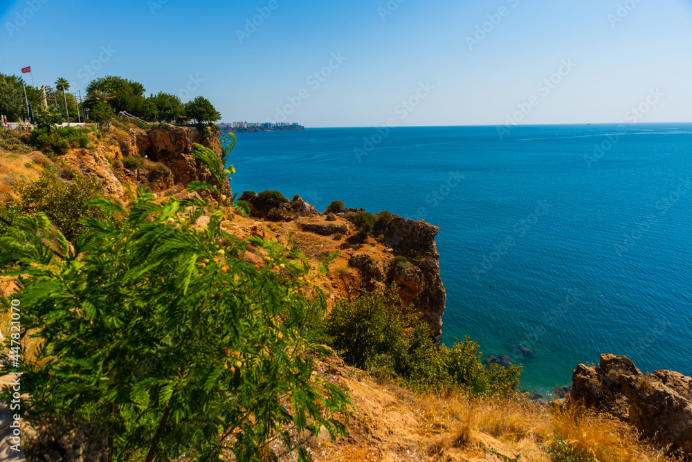 ANTALYA, TURKEY: Top view from the cliff on the city of Antalya and the Mediterranean Sea.