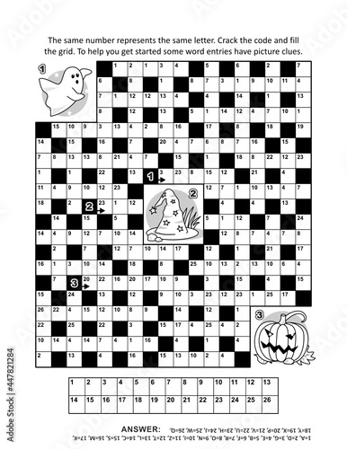 Codebreaker (or codeword, or code cracker) crossword puzzle or word game with about 9 Halloween themed words and 3 picture clues. Answer included.
