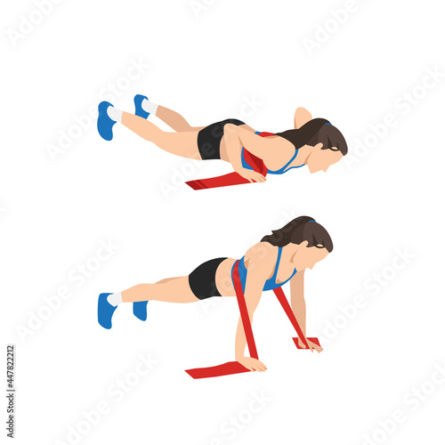 Woman doing Resistance band push up exercise. flat vector illustration isolated on white background