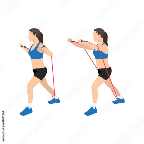 Woman doing Resistance band chest press exercise. flat vector illustration isolated on white background