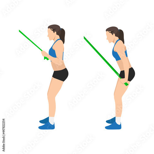 Woman doing Elastic band Tricep extensions exercise. flat vector illustration isolated on white background