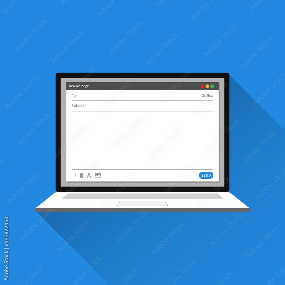 Blank email template on laptop screen concept. Isolated with blue background Blank email template on laptop screen concept. Isolated with blue background