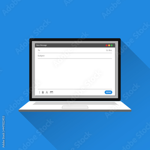 Blank email template on laptop screen concept. Isolated with blue background