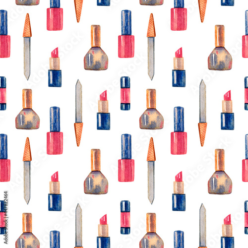 Watercolor pattern. Nail polish and nail file texture. Cosmetic seamless pattern. Cute beauty illustration. Fashion style. Woman lifestyle. Makeup background. Cosmetic set. 