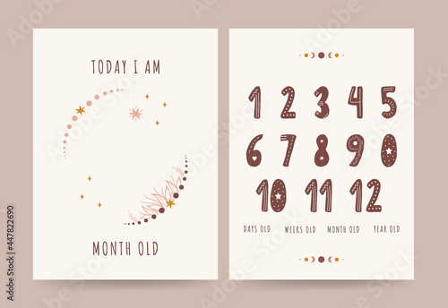 Kids milestone cards. Nursery posters capturing special moments. Cute numbers for birthday card template. Scandinavian vector illustration in boho style.