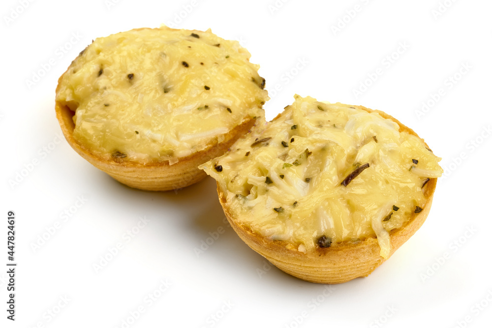 Tartlets with cheese filling, isolated on white background. High resolution image.