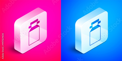 Isometric Can container for milk icon isolated on pink and blue background. Silver square button. Vector