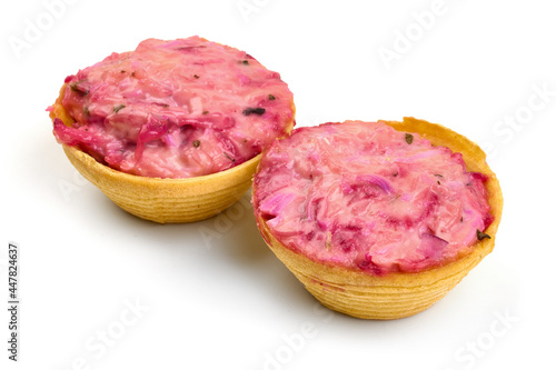 Tartlets with beetroot filling, isolated on white background. High resolution image.