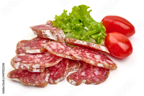 Spanish Fuet sausage slices, isolated on white background. High resolution image.