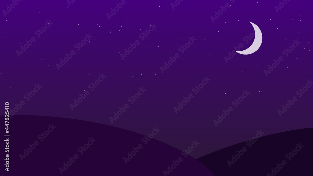 night landscape scene background. dark sky with moon and stars and hills with blank space