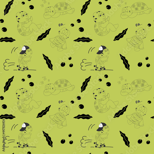 Black and white seamless pattern with cute characters of turtles on rollers, meditating, sleeping. Vector endless texture for childish design in cartoon hand drawn style