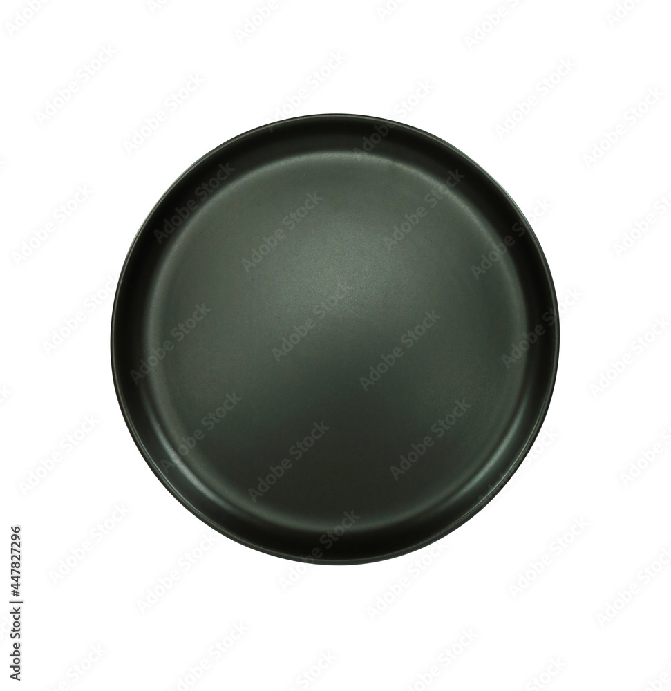 Black empty plate on whitr background, flat lay, food menu concept Black empty plate on whitr background, flat lay, food menu concept