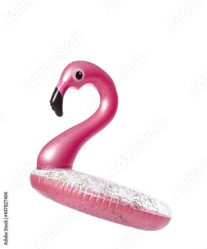 Inflatable ring in shape of flamingo on white background