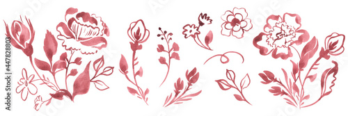 Watercolor illustration with floral elements in classic style. Collection of hand-drawn  elements for you design. photo