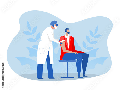 Doctor or nurse wearing a protective mask injects a vaccine into a man. Vector flat illustration
