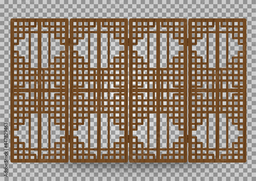 Traditional korea ornament wooden decorative frame pattern. Room divider antique decoration. Antique art vector illustration. Natural color wood surface timber. Interior design.