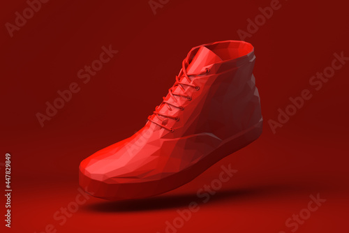 Red shoe floating in red background. minimal concept idea creative. origami style. 3D render.