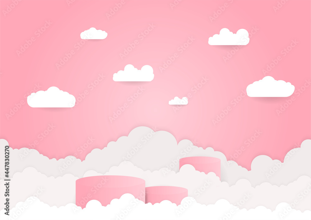 three podiums with a variety of clouds for photos of sales products such as makeup tools in pastel pink three podiums with a variety of clouds for photos of sales products such as makeup tools in pastel pink