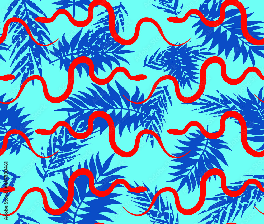 Abstract Hand Drawing Tropical Leaves and Snakes Seamless Summer Concept Vector Pattern Isolated Background
