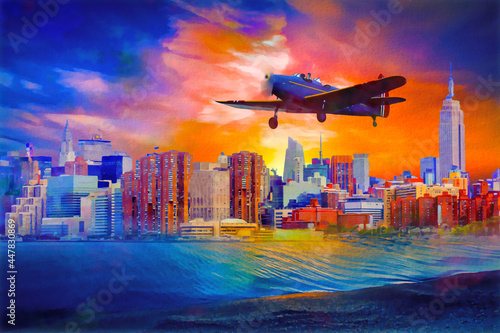 Photography airplane flying over city