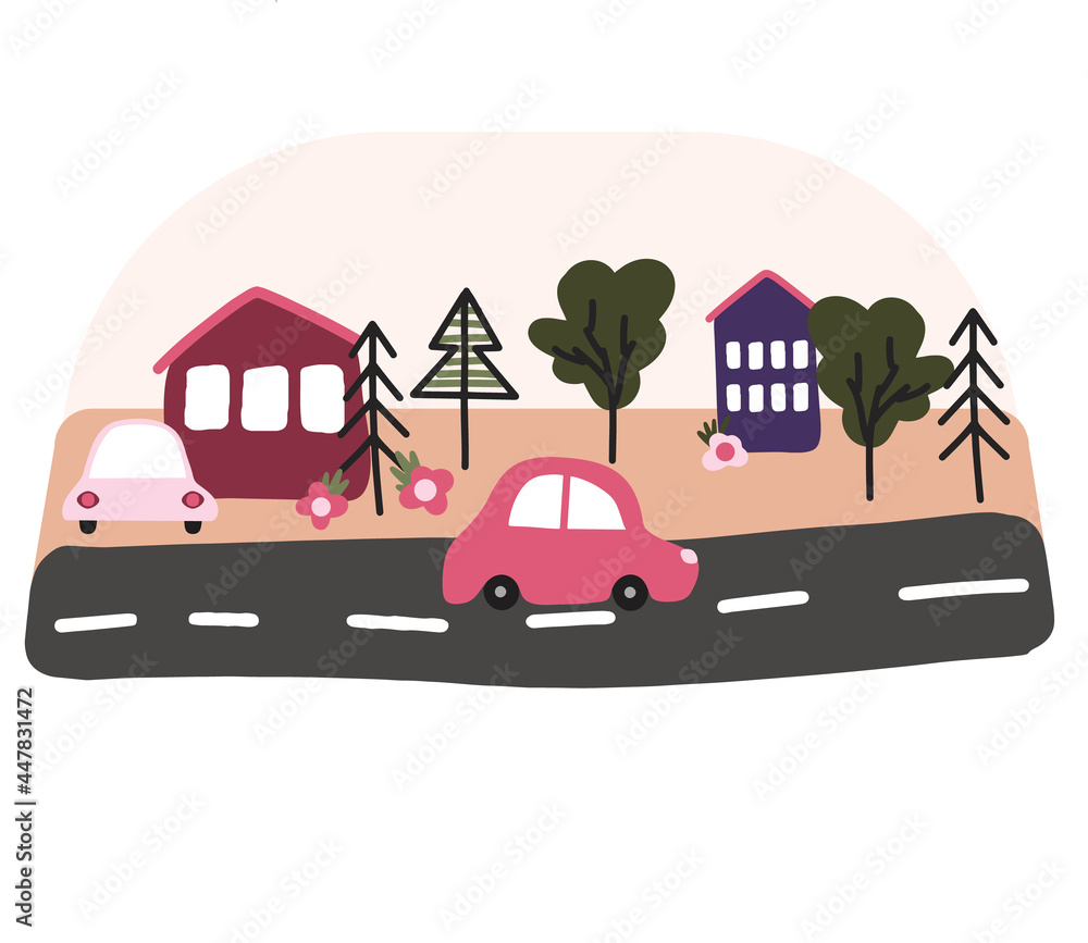 Children's composition with hand-drawn cars and houses, trees in the Scandinavian style, cartoon and bright print on the car theme, stylish and simple illustration, vector print for printing