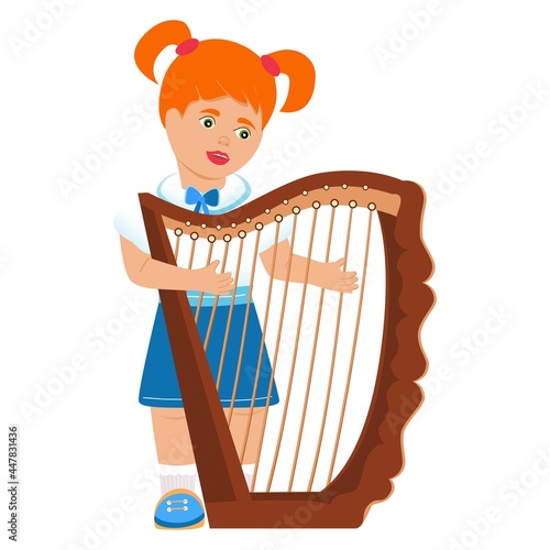 Playing the harp. A little schoolgirl playing the harp. Music. Music school. Cartoon character. Children, people, kindergarten. Education, education. Vector
