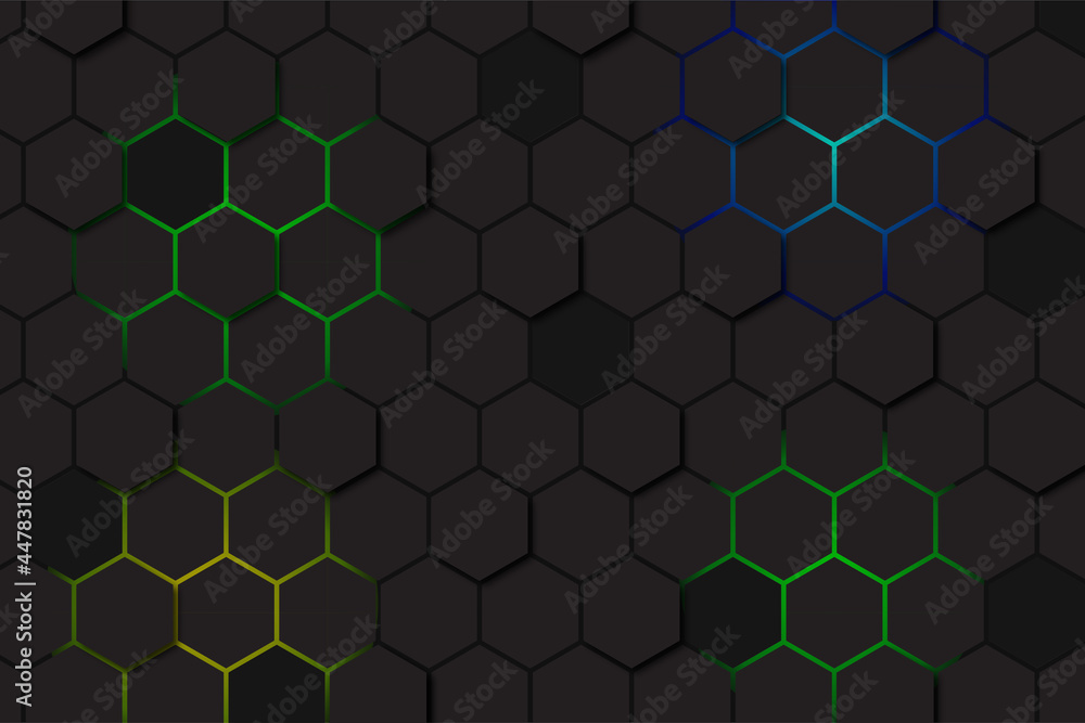 Abstract black hexagon pattern on green neon background technology style. Honeycomb. Dark hexagon wallpaper or background. Abstract black hexagon pattern on green neon background technology style. Honeycomb. Dark hexagon wallpaper or background.