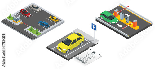 Isometric City parking lot with a set of different cars. Public car-park. Car in the parking lot and Parking tickets.