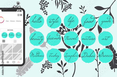 Instagram highlight covers. 40 covers about life style, sport and countries. Editable mockup is inside