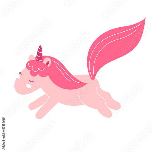 Cute fairy unicorn, nursery decor, baby clothes print, poster. Vector illustration in flat style isolated on white background, child character, pony, horse