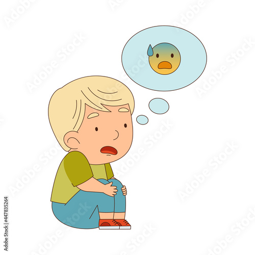 Little Boy Sitting on the Floor with Emoji Face in Bubble Vector Illustration